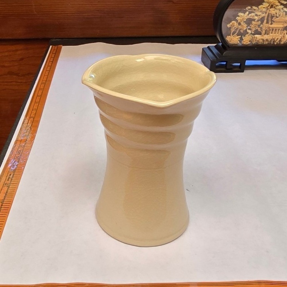 Vintage Cream Studio Pottery Vase Ribbed Scalloped Rim Crackle Glaze 6 Inch